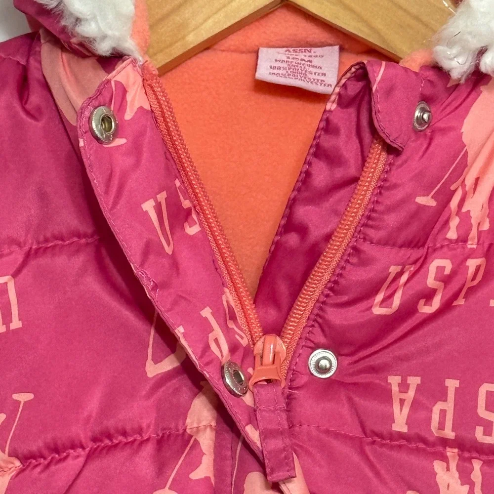 US Polo Assn Kids Puffer Jacket Faux Fur‎ Hood Pink Logo Print 12M